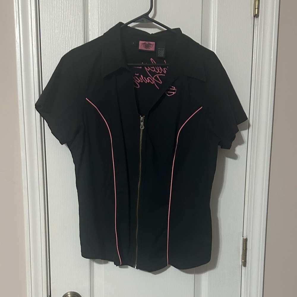 Black Zip-Up Shirt with Pink Accents